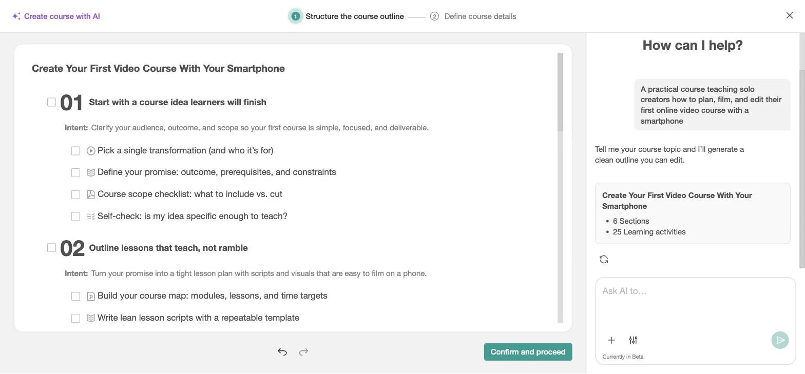 LearnWorlds AI course outline generated from one sentence, showing six sections of typed learning activities