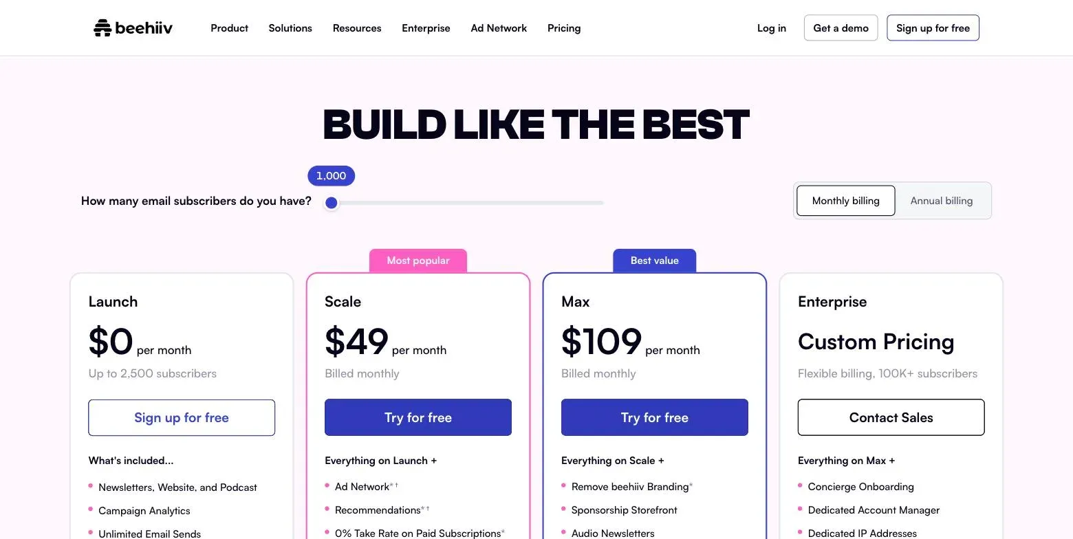 beehiiv's pricing page at 1,000 subscribers on monthly billing, showing Launch free, Scale at $49 and Max at $109