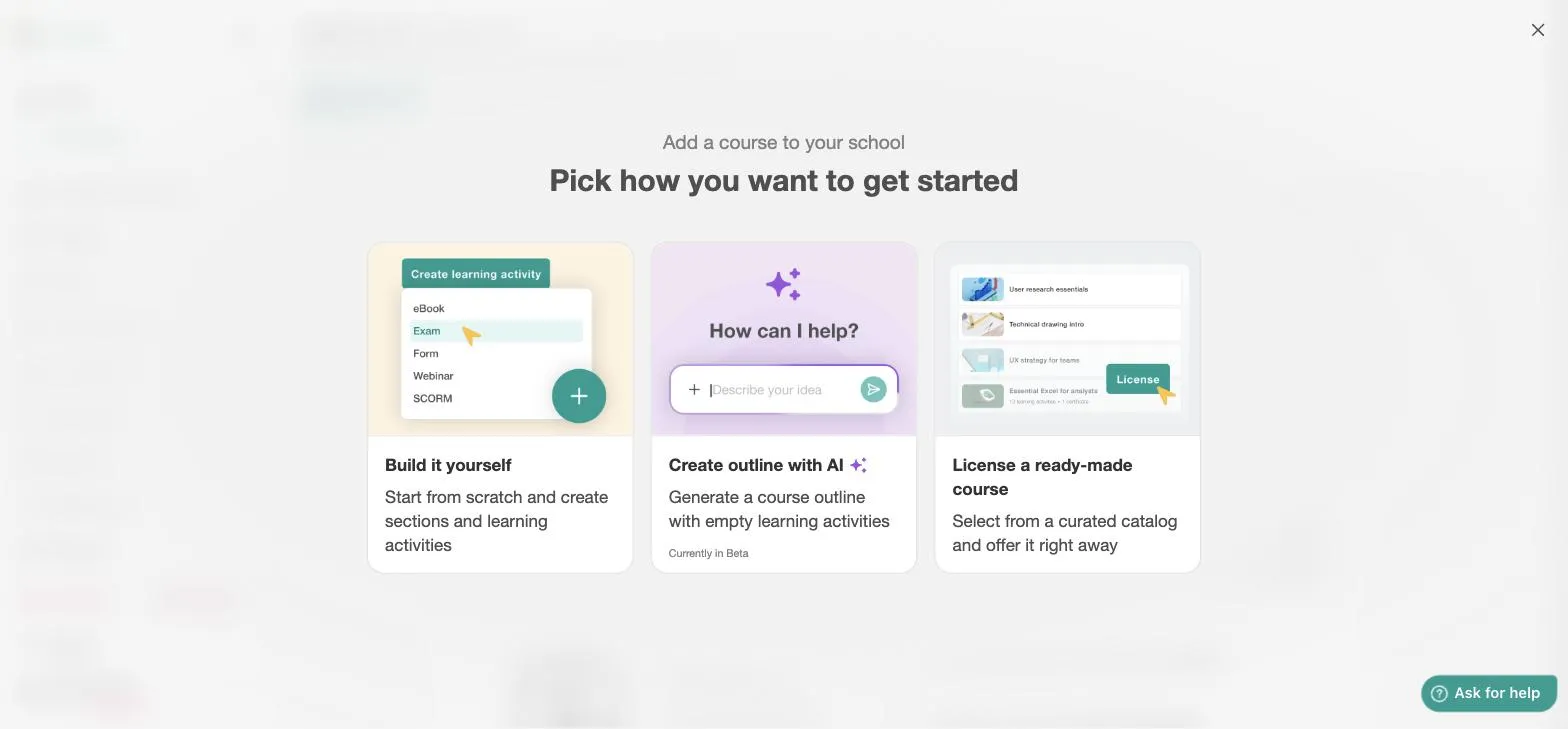 LearnWorlds' course creation screen offering build-it-yourself, AI outline, and ready-made course licensing