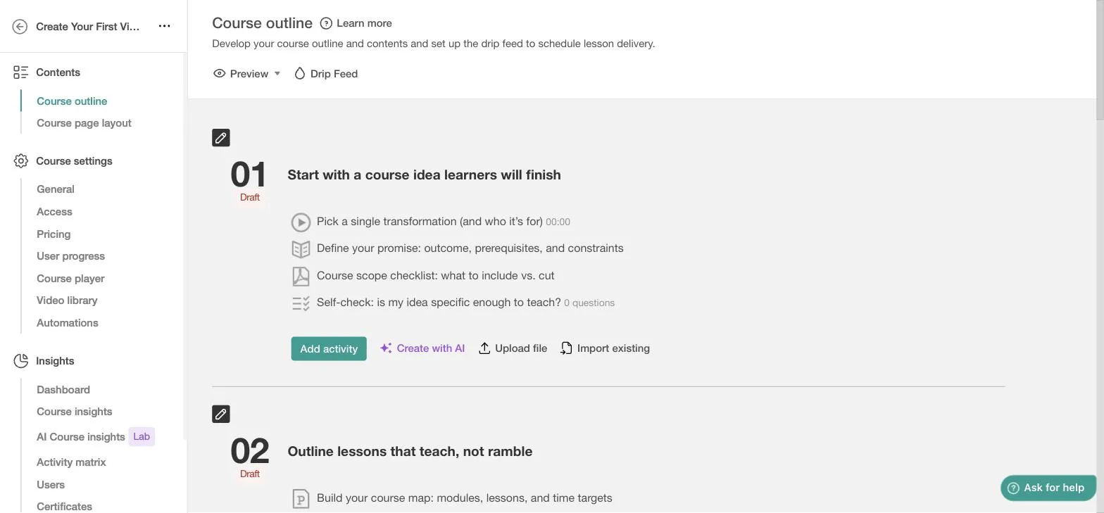 LearnWorlds course outline editor with typed activities, drip feed, and per-activity AI creation
