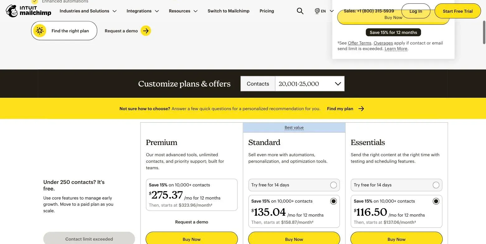 Mailchimp's pricing page set to the 20,001–25,000 contact tier, showing Essentials at $137.06 and Standard at $158.87 per month with promotional rates above