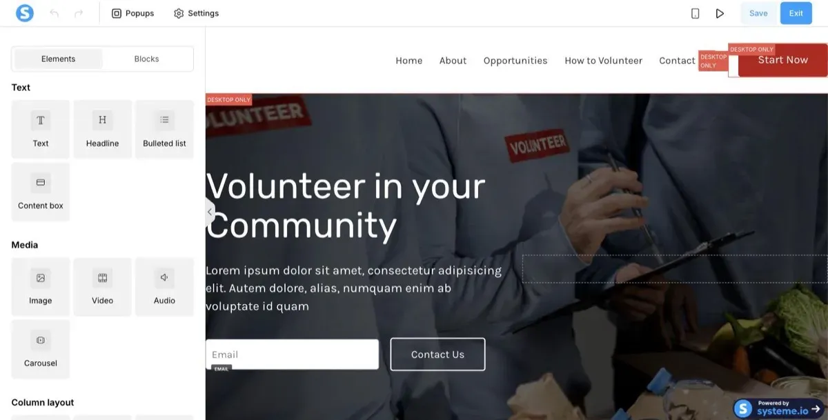 systeme.io drag-and-drop page editor with an opt-in template loaded